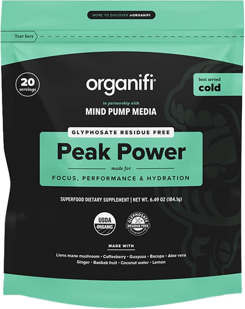 Organifi Peak Power, Pre Workout Powder to Support Hydration, with Lion's Mane and Guayusa