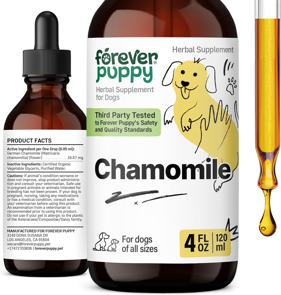 Forever Puppy Chamomile Tincture for Dogs - Extracto líquido de Chamomile para alivio de gas e apoio de limpeza de Gut - Suplemento de saúde líquido Digestivo para cans de todas as razas e tamaños - 4 oz
