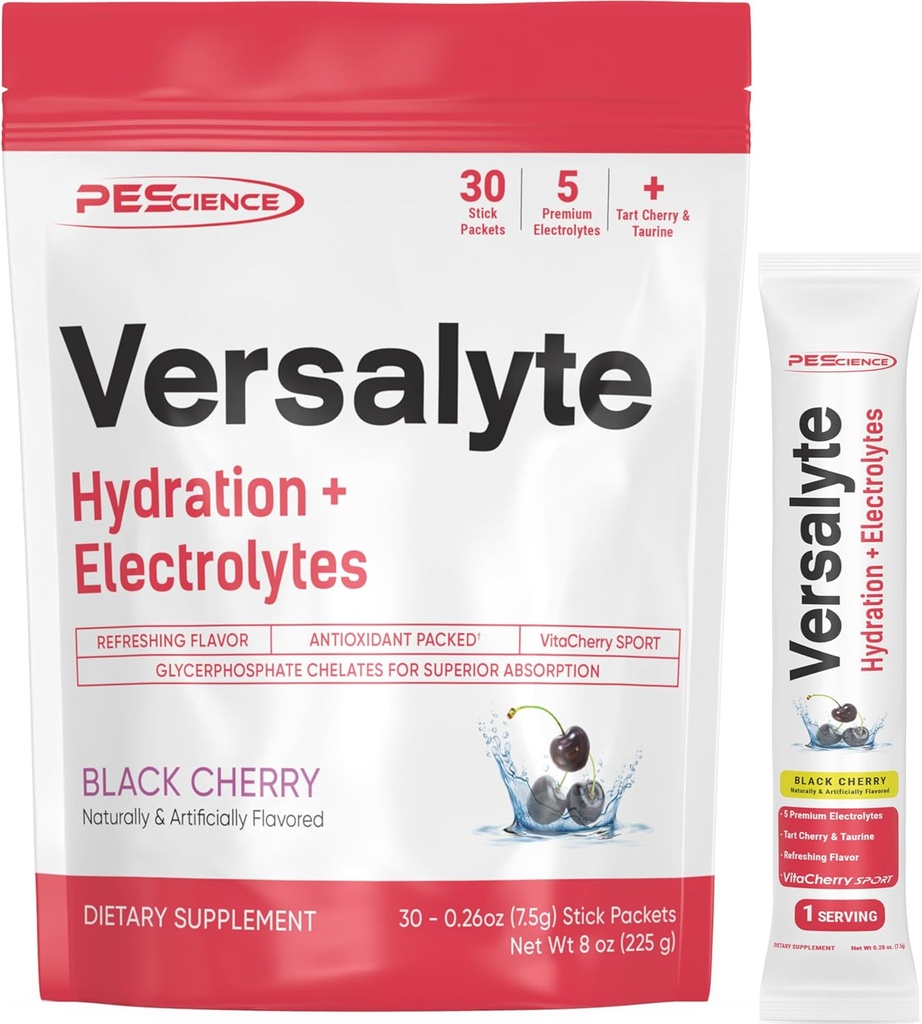 PEScience Versalyte Electrolyte Hydration Packets, Sugar Free Electrolyte Pulder Magneesium, Tauriin, Antioksüdandid, Trace Minerals - Black Cherry, 30 Servings