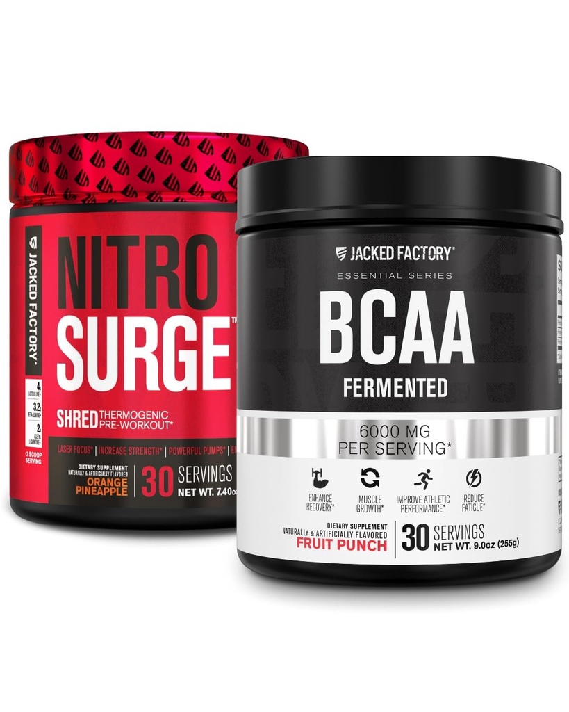 Jacked Factory Nitrosurge Shred Thermogenic Pre-Workout in Orange Pineapple & BCAA in Fruit Punch for Body Recomposition, Muscle Building and Recovery