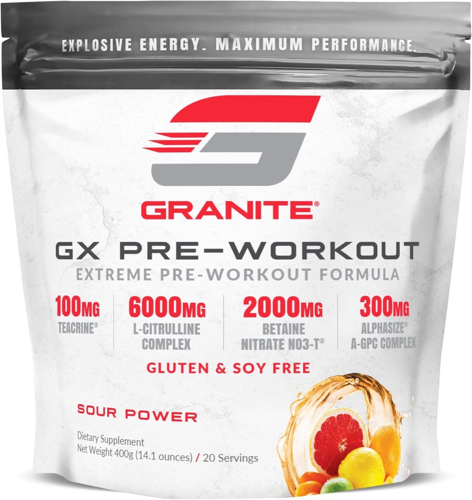 Gránit GX előedzés kiegészítés, Sour Power Flavor, Supports Focus, Energy, & Performance with Teacrine, L- Citrulline, Betaine, & A- GPC (20 Servings)