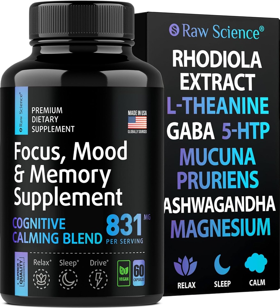 Мозговые добавки для памяти и фокусировки - Ashwagandha, L Theanine, Rhodiola Extract, GABA, 5HTP - Nootropic, Mood Support & Cortisol Supplement - Magnesium Oxide, Mucuna Pruriens - 60 капсул
