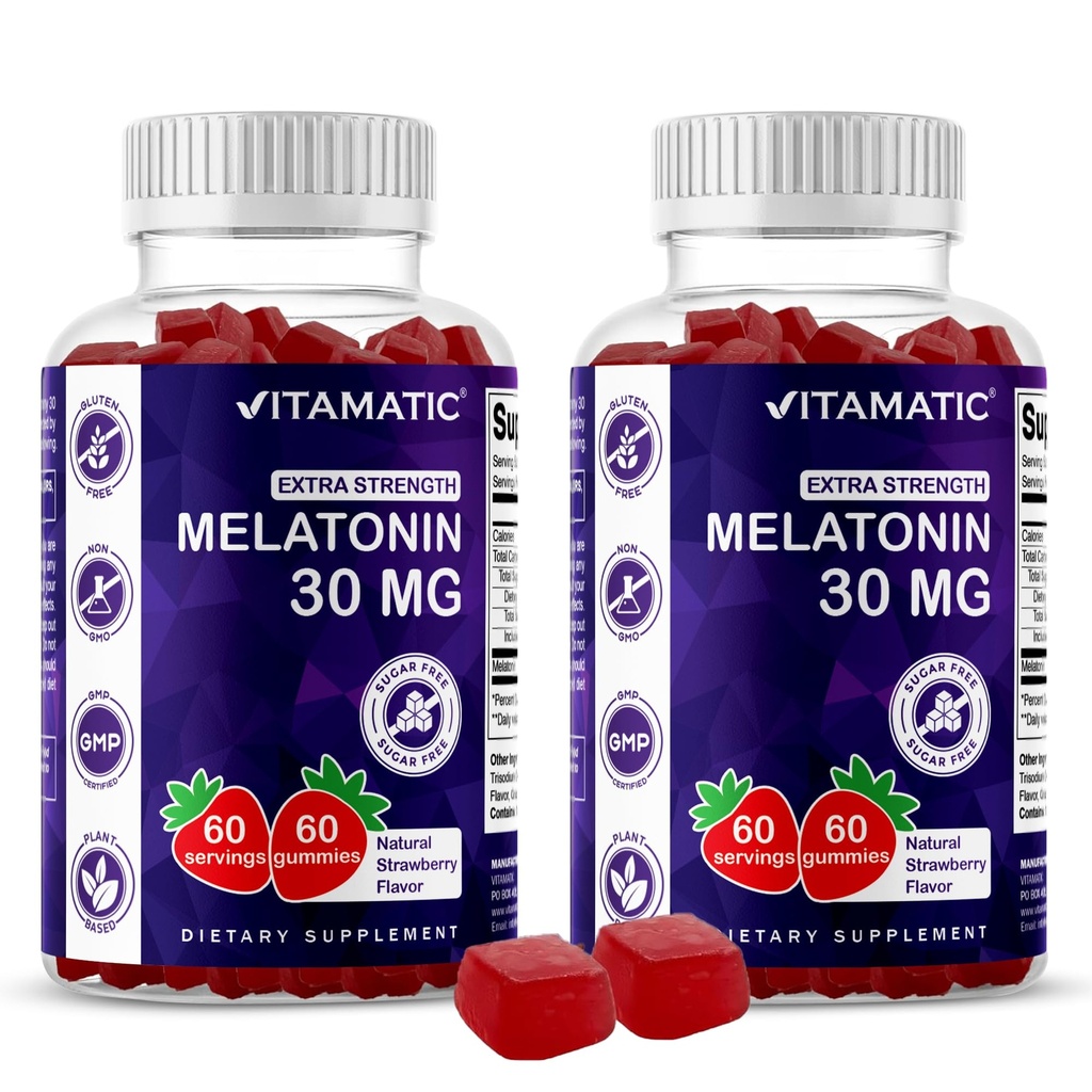 Vitamatic Sugar Free Melatonin 30mg per Gummy - 60 Servings - 60 Vegetarian Gummies - Non-Habit Forming Supplement (60 Count (Pack of 2))