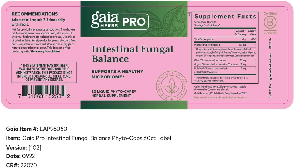 Gaia Herbs Pro Intestinal Fungal Balance - Digestio laguntza osagarria* - Laguntza garbiaren osagarria* Basilio Leaf, Cinnamon Bark eta Oregon Grape Root - 60 Liquid Phyto-Caps (60 zerbitzatu)