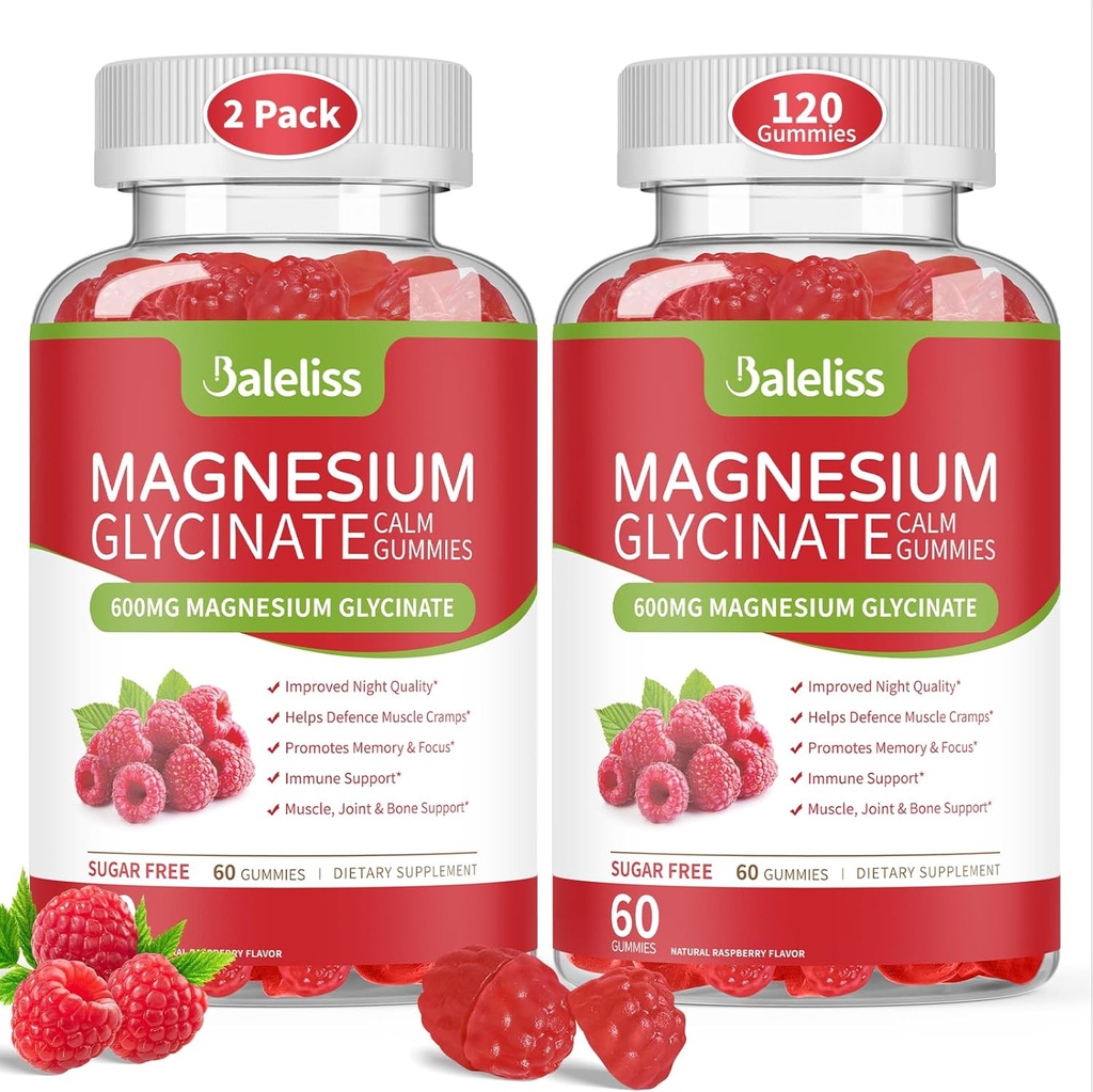 Magnesio Glycinate Gummies 600mg, Zucchero Gratuito Magnesio Glycinate con Vitamina D, B6, e CoQ10 Supporto Sonno, Rilassamento, Rilievo di Stress e Mood Calma per Adulti 120 Gummies (2 Confezione)