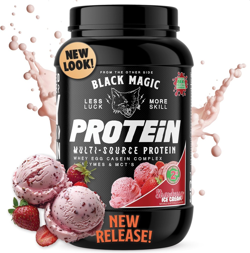 Black Magic Protein Powder - New Look - Whey, Egg, and Casein Complex with Enzymes & MCT Powder - Pre Тренировка и пост тренировка - Ягодов сладолед Протеин на прах - 24g Протеин - 2 LB...