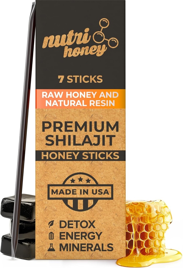 NATURAL SHILAJIT Honey Sticks - Shilajit Resin with Raw Honey, Fulvic Acid & Trace Minerals, Plant Based Nutrients for Energy, Immune Support & Vitality - 7 Shilajit Sticks