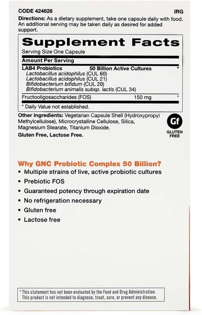 GNC Probiotic 综合体,拥有50亿个CFU,双包,每瓶30个卡普尔,日常Probiotic 支持