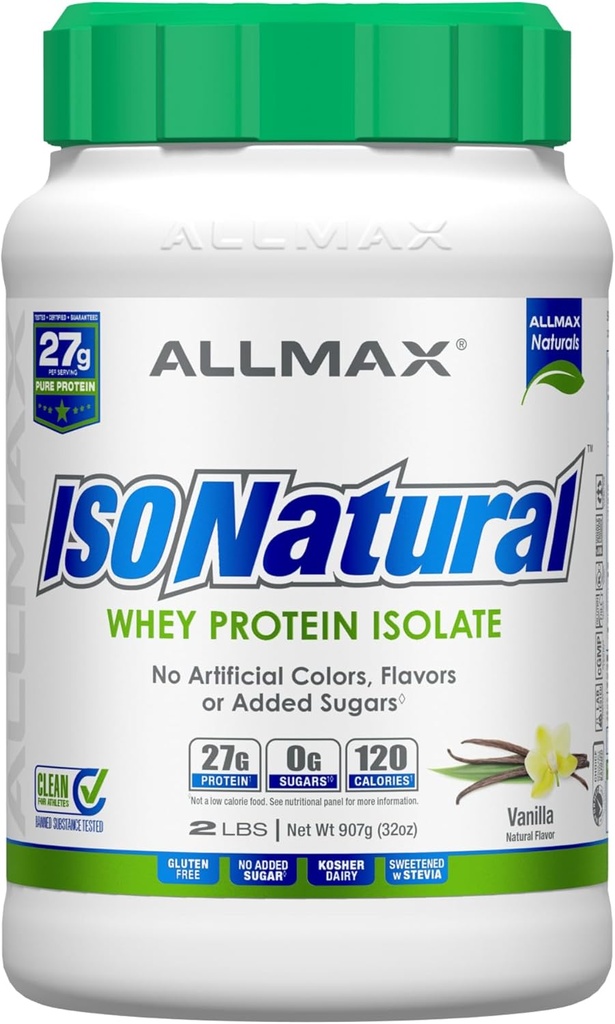 Tombow ALLMAX ISONATURAL Whey Protein Isolate, Vanilla - 2 lb - 27 Grams of Protein Per Scoop - Zero Fat & Sugar - 99% Lactose Free - med prebiotika - Inga konstgjorda smaker - Cirka 29 portioner