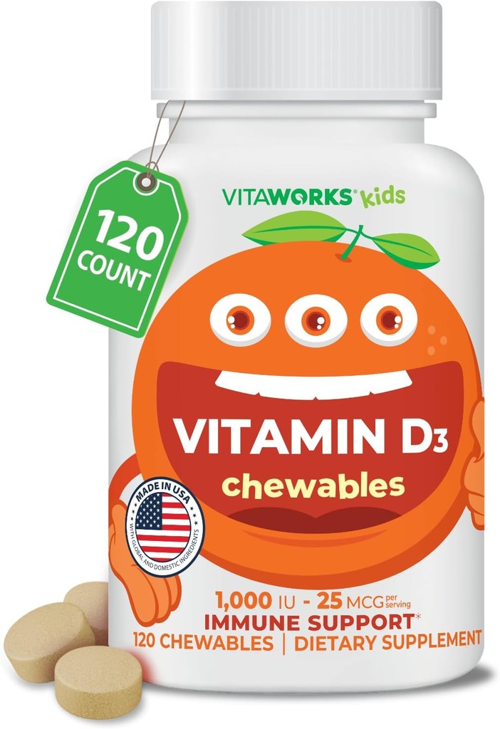 D 1000 bitamina - Tasty Natural Orange Flavor - Vegan, GMO-Free, Gluten Free, Nut Free Bitaminak - Inmune euskarriaren dieta osagarria - 120 Chewables