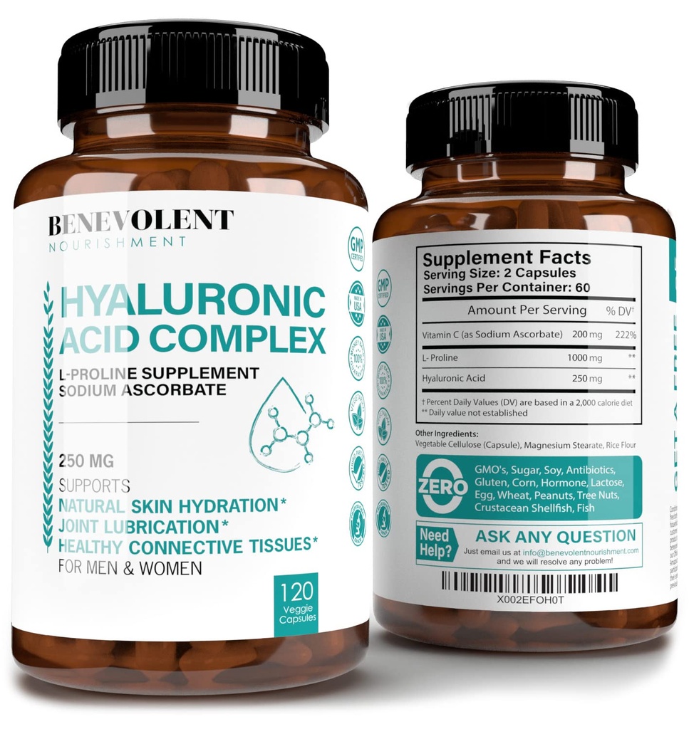 Hyaluronic Acid Supplements 250mg with 200mg Vitamin C, 1000mg L-Proline & Anti-Aging Benefits, Hyaluronic Acid Capsules for Youthful Skin, Joints & Connective Tissue Health - 120 Capsules
