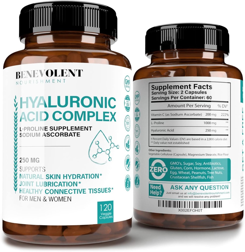 Suplementos de ácido hialurónico 250mg con 200mg vitamina C, 1000mg L-Proline & Anti-Aging Beneficios, cápsulas de ácido hialurónico para pel xuvenil, articulacións e saúde de tecidos conectivos - 120 cápsulas