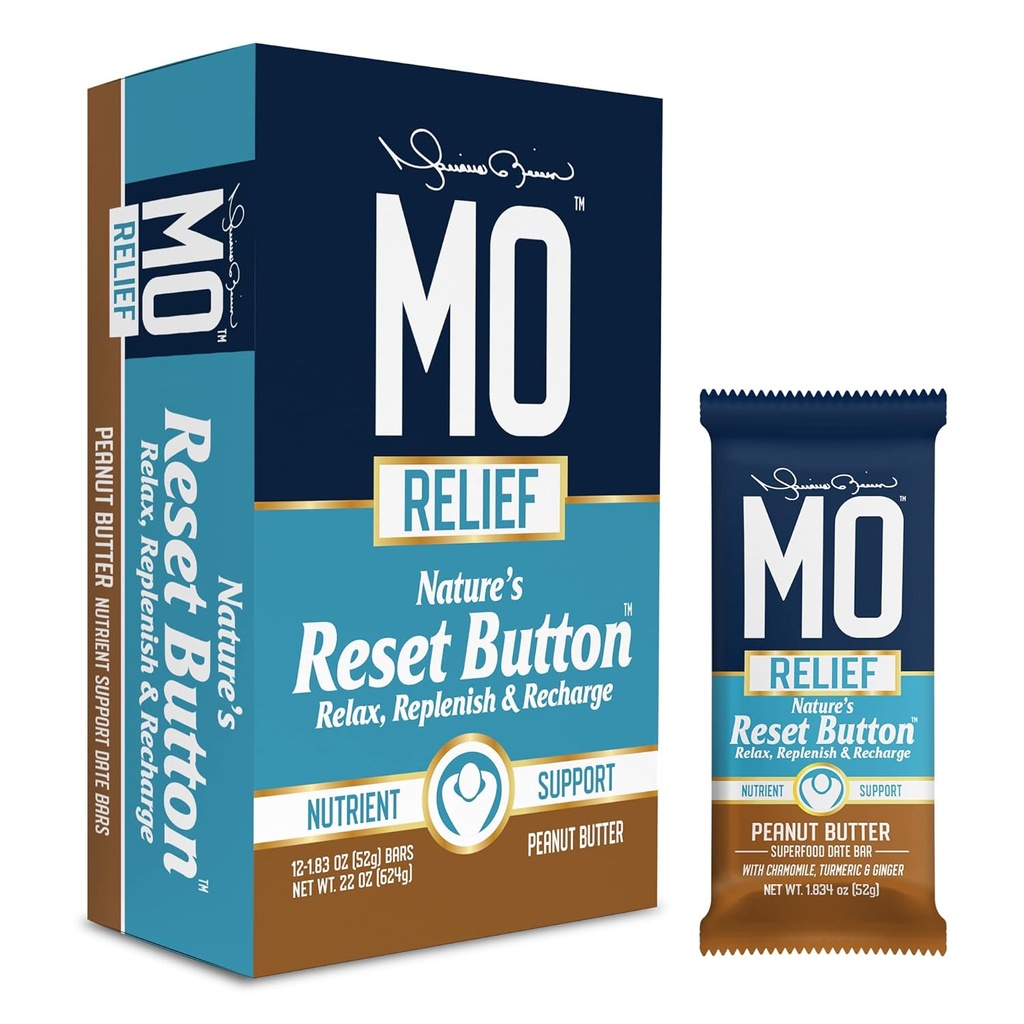 "MO RELIEF" BARS – All-Natural Superfood Snack Bar - Recovery Snack Bars – After Workout Nutrient Support with Dates, Chamomile, Turmeric, & Ginger - (12 bars in a box)(Peanut Butter)