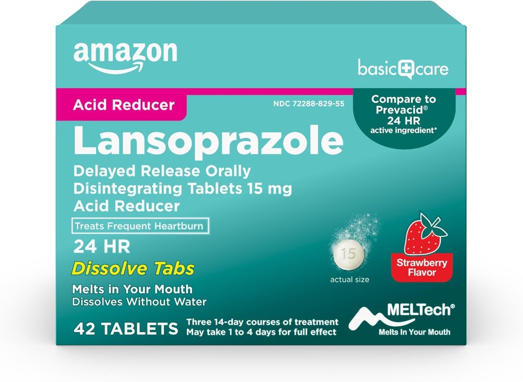 Basic Care Lansoprazol Vertraagde Release Orally Desintegring Tablets 15 mg, Acid Reducer Pillen, Aardbei Smaak, 42 Tellen