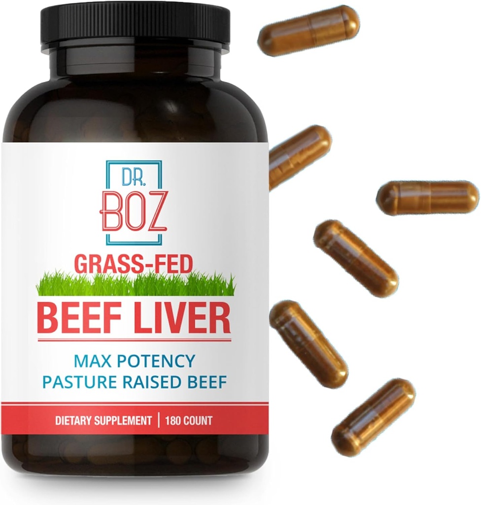 Dr. Boz - Beef Liver Capsules, 30 Serve - 4500mg Cow Liver - Energia, Immunità, & Salute - Vitamina A, B12, Zinco, & Iron Supplement - Grass Fed & Pasture Raised Cows - Made in the USA - Self Care