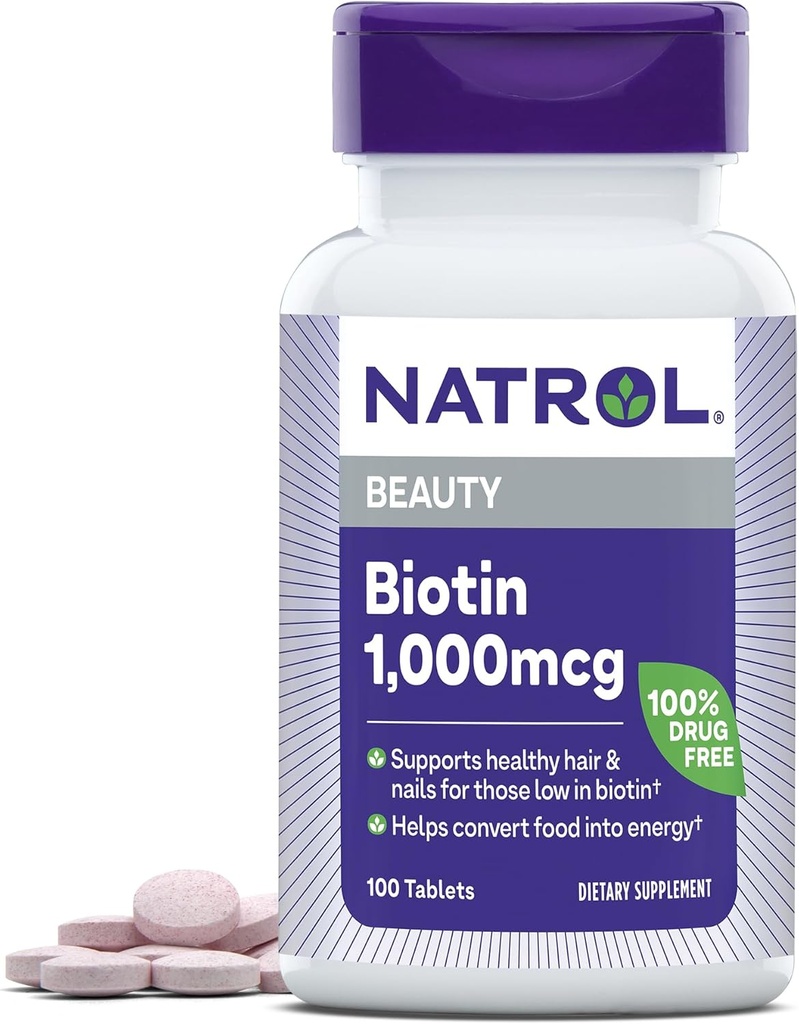 Natrol Beauty Biotin 10000mcg, Dietary Supplemen untuk Rambut Sehat, Skin, Nails dan Metabolisme Energi, 100 Tablet, Penyedia 100 Hari (Paket 12)