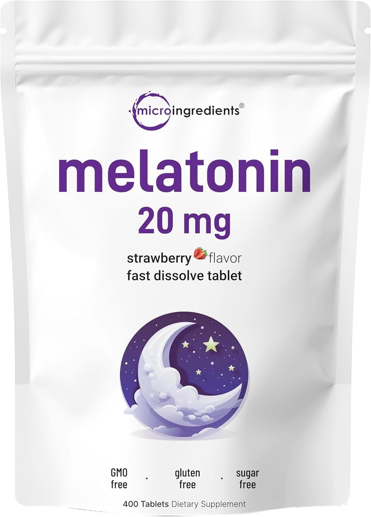 Micro Ingredients Melatonin 20mg, 400 Tablets | Natural Strawberry Flavor | Fast Dissolve | Sen drogas | Vegetarian Friendly | Non-GMO, Non Gluten, Sugar Free