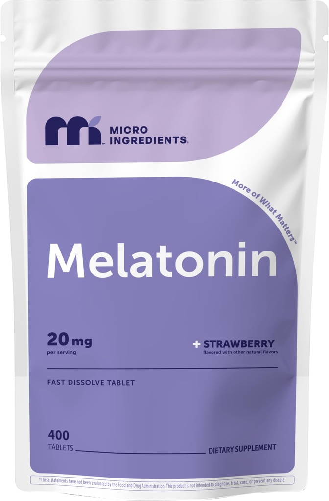 Micro Ingredients Melatonin 20mg, 400 Tablets | Strawberry Flavor | Fast Dissolve | 100% Drug Free | Vegetarian Friendly | Non-GMO, No Gluten, Sugar Free