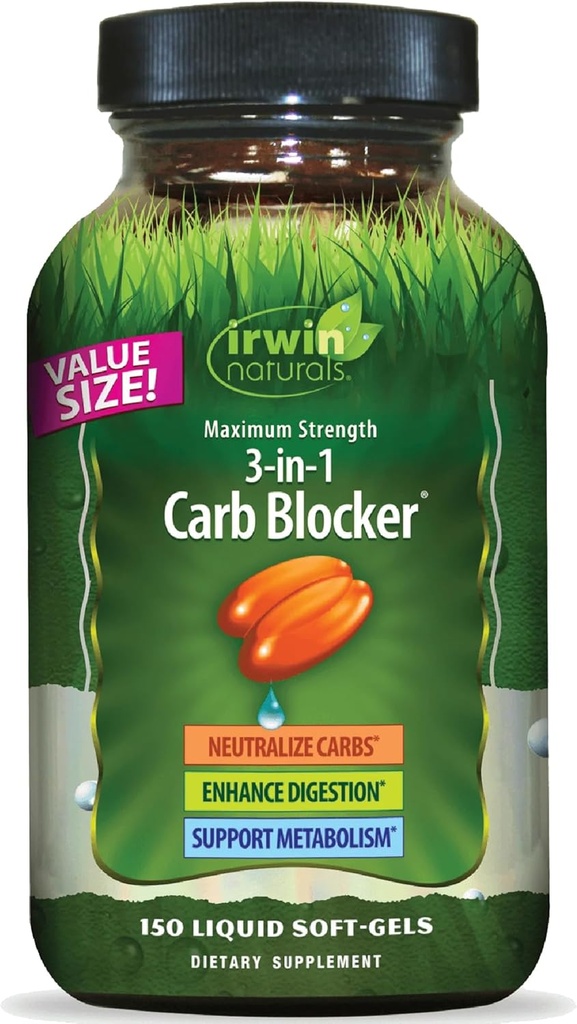 Irwin Naturals Maximum Strength 3-in-1 Carb Blocker - Neutralizácia Sacharidy a podpora Metabolizmus - 150 Tekuté Softgels