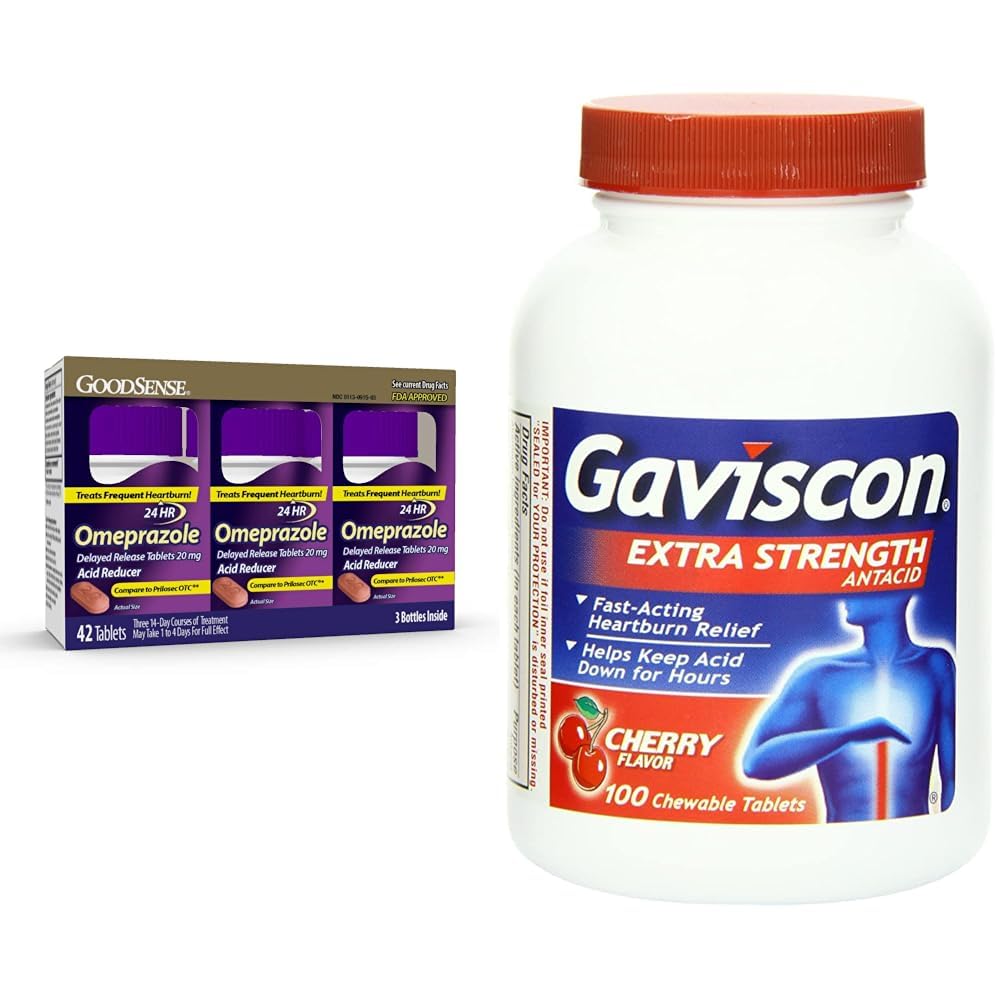GoodSense Omeprazole Tablets 20 mg 14 Count (3 Pack) and Gaviscon Extra Strength Cherry Chewable Tablets Heartburn Relief 100 Count