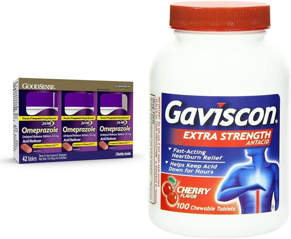 GoodSense Omeprazole tabletta 20 mg 14 mg Count (3 csomag) és Gaviscon Extra Strength Cherry Chewable tabletta Heartburn Relief 100