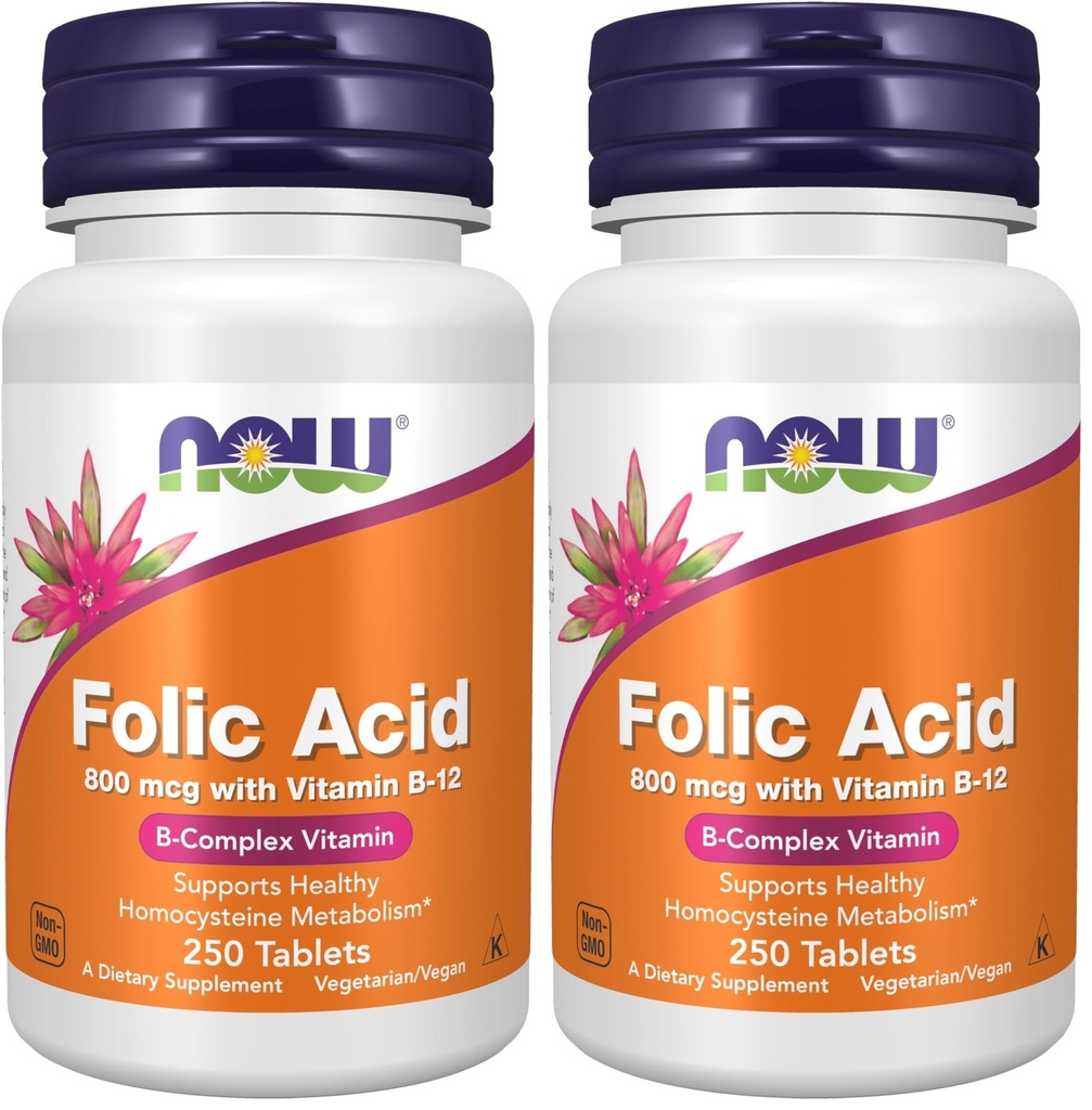 NOW Supplements, Folic Acid 800 mcg + B-12 (Cyanocobalamin) 25 mcg, B Complex Vitamin, 250 Tablets (Pack of 2)