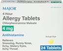 MAJOR 4 ore allergia compresse - Chlorpheniramine Maleate 4mg - Antihistamine - 24 conte (1 confezione)