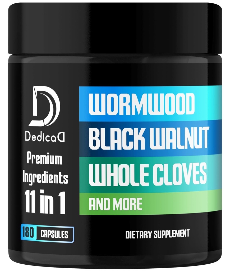 DEDICAD 11in1 Wormwood Capsules - 180 Capsules Extracted from Black Walnut, Cloves, Ginger, Turmeric, Apple, Berberine HCl & More - Support Immune System for 3 Months