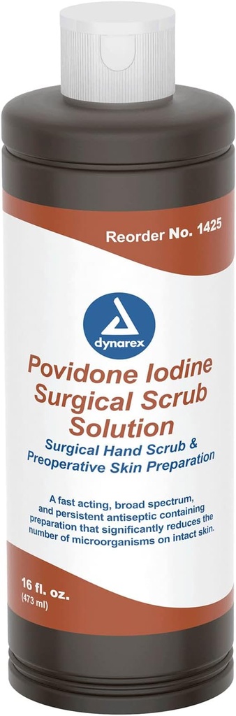 Dynarex Povidone-Iodine Scrub Solution, Antiseptic Solution for Skin and Mucosa, Ideal para a preparación do sitio cirúrxico, Contén Povidone Iodine 7.5%, 16 fl. oz, 1 Bottle.