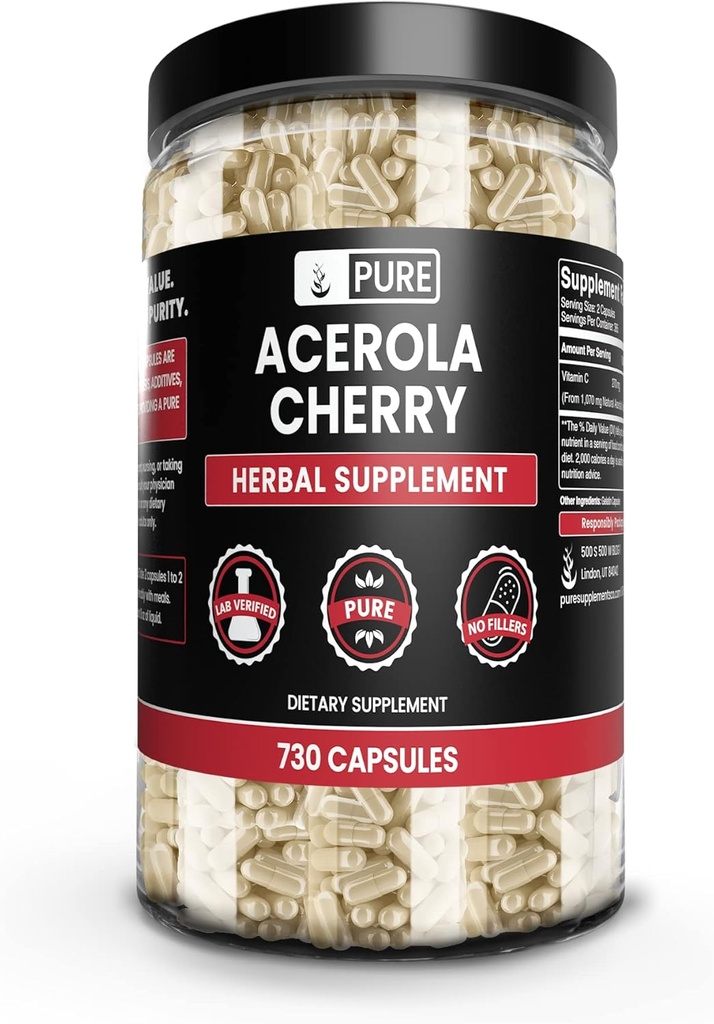 Ingredientes originales puros Acerola Cherry (730 capsules) No hay magnesio o rifles de arroz, siempre puro, lab Verified