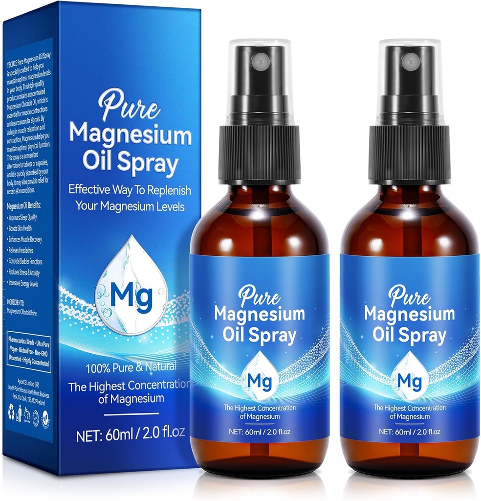 2Pack Pure Magnesium Oil Spray, Topical Magnesium Spray Glass Bottle, Organic Magnesium Spray for Feet, Nourish The Skin, Unclog Pores, Alleviate Hair Loss, 4 fl oz