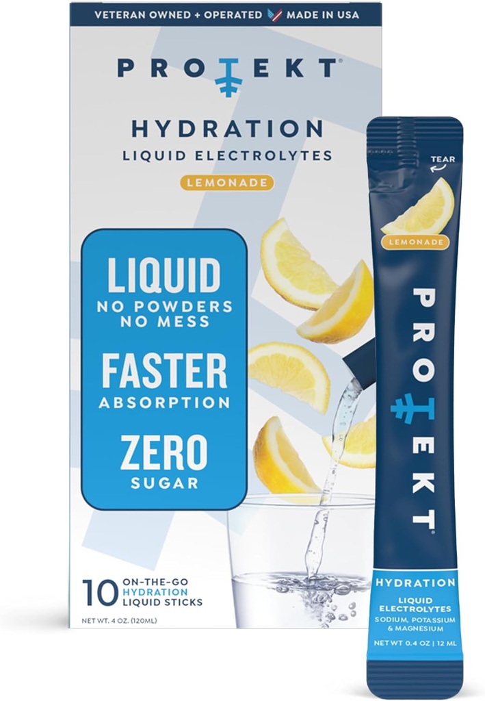 PROTEKT Electrolyte Packets for Recovery " Hydration , Organic " Sugar-Free Electrolytes Drinks , Works Faster Than Powder Drink , On-The-Go Liquid Hydration Drink , Lemonade, 10 Pack