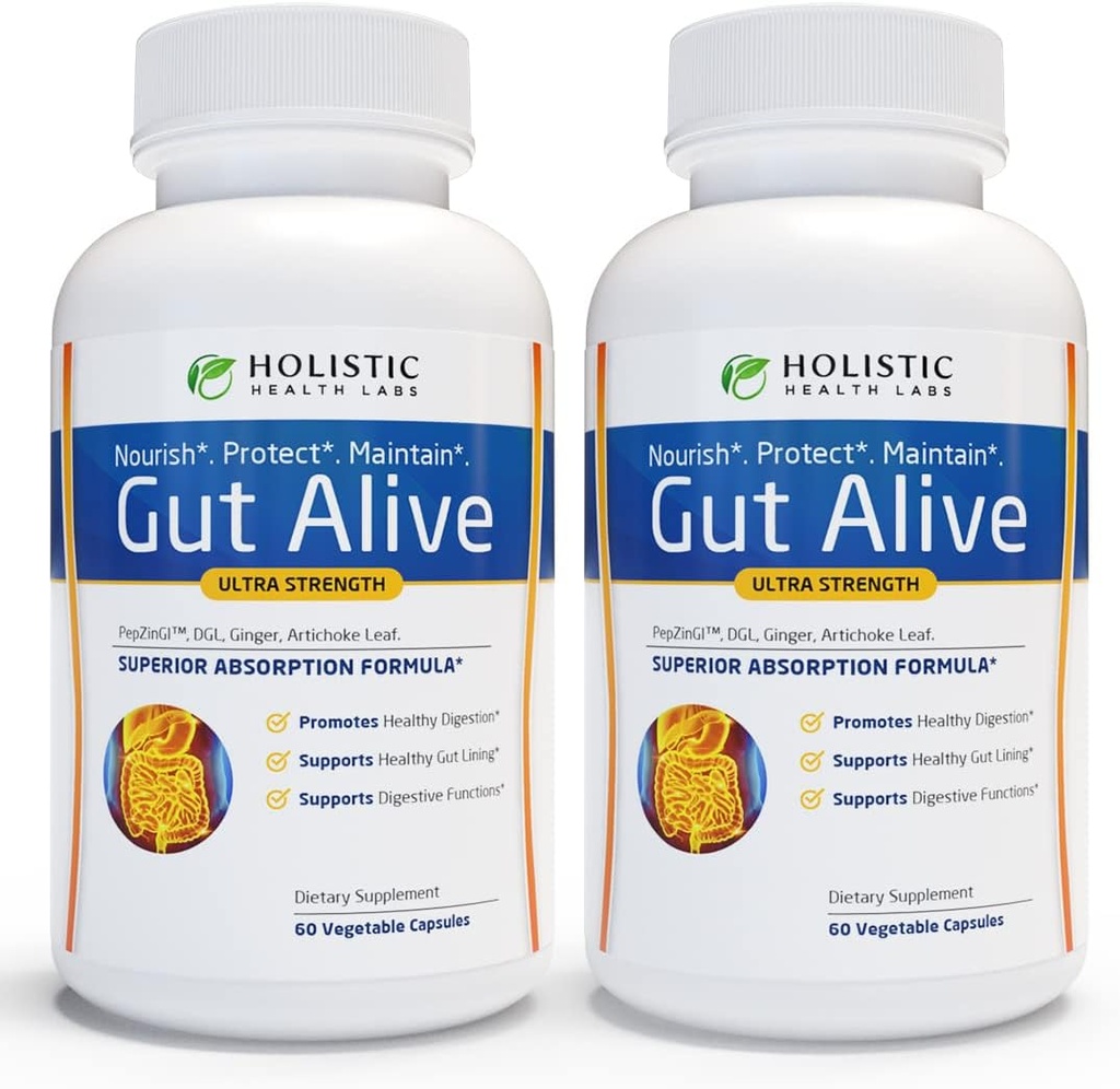 Gut Alive - tot sprijinul natural pentru a lupta IBS, Arsuri la stomac, Indigestie acidă, Reflux acid, Blooting & Gas. Formulare unică (60 Count (Pachet de 2))