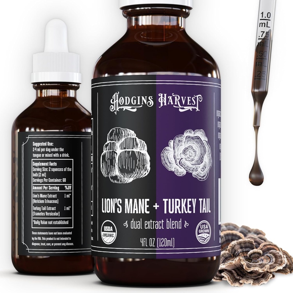 Mane + Turkey Tail Tincture ) Made with Mushrooms Grown on Our Farm in The USA ) Dual Extract - Extra-Concentrated (4 fl oz)
