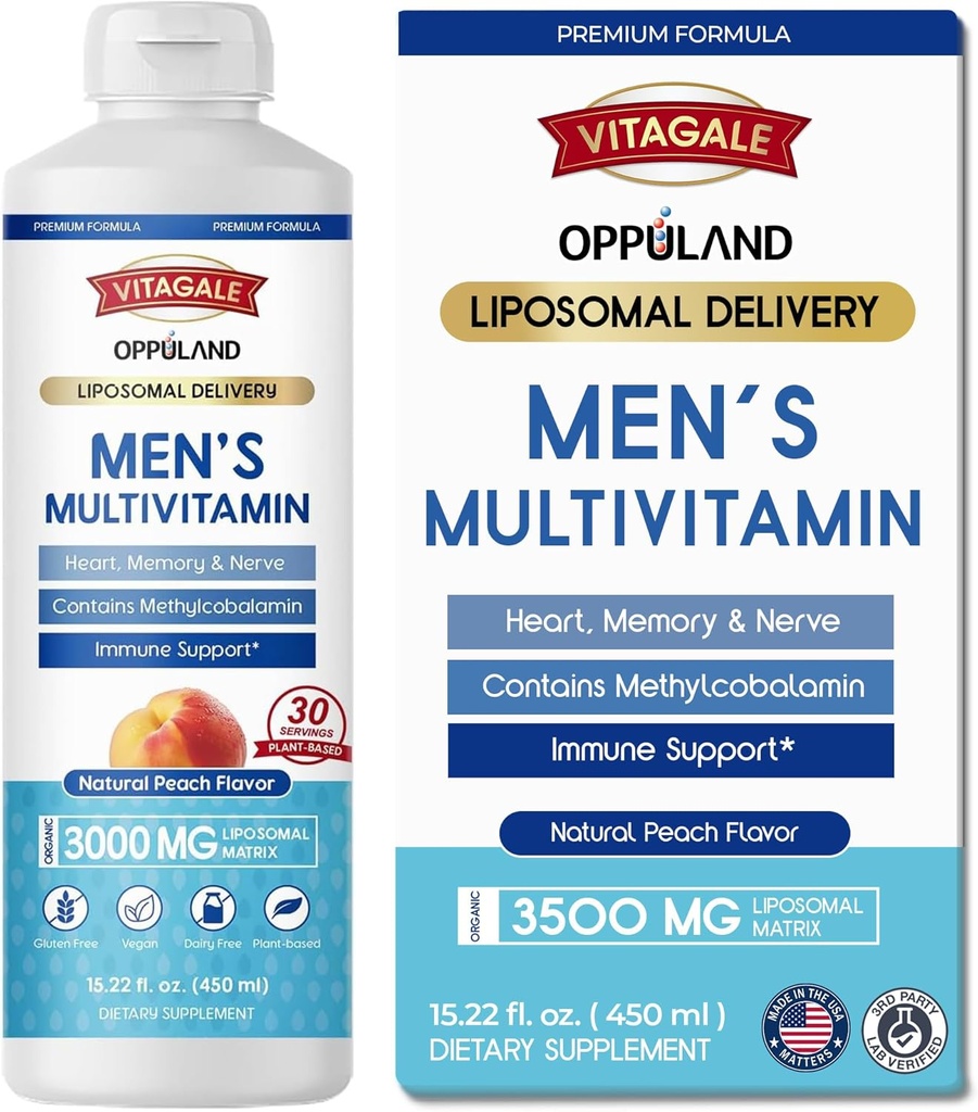 Mäns Multivitamin - Liquid Supplement - Liposomal Leverans - Daglig Multi Vitamin med Biotin B Komplex Omega-3 - Hår & Nail Support Vitamin - Peach smak - 3000 mg per Servering - 450 ml