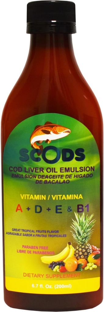 Emulsion de Scods Frutas Tropicales Cod Liver Oil Emulsion Tropical Fruits 200ml Vitamin A + D + E & B1