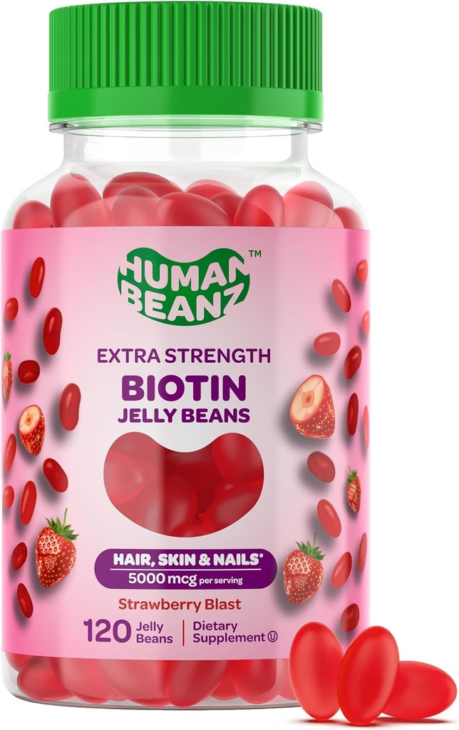 Biotin Jelly Bean Gummy Vitamíny, Extra síla Biotin pro vlasy, kůže a nehty, 5000mcg per Serving, Vlasové růstové Vitamíny pro muže a ženy, 120 Jahodové Blast Fazole, Kosher