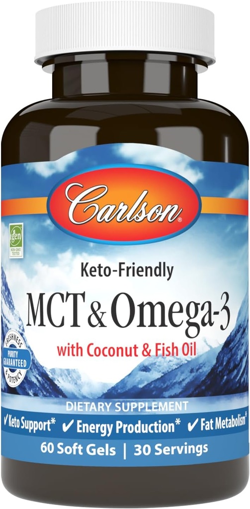 Carlson - MCT & Omega-3, 椰油, Caprylic & Capric Acids, EPA & DHA, 能源生产,脂肪代谢和脑健康, 60软胶