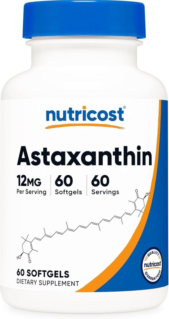 Nutricost Astaxanthin 12mg, 60 Softgels - без ГМО и глютена (2 месяца поставки)