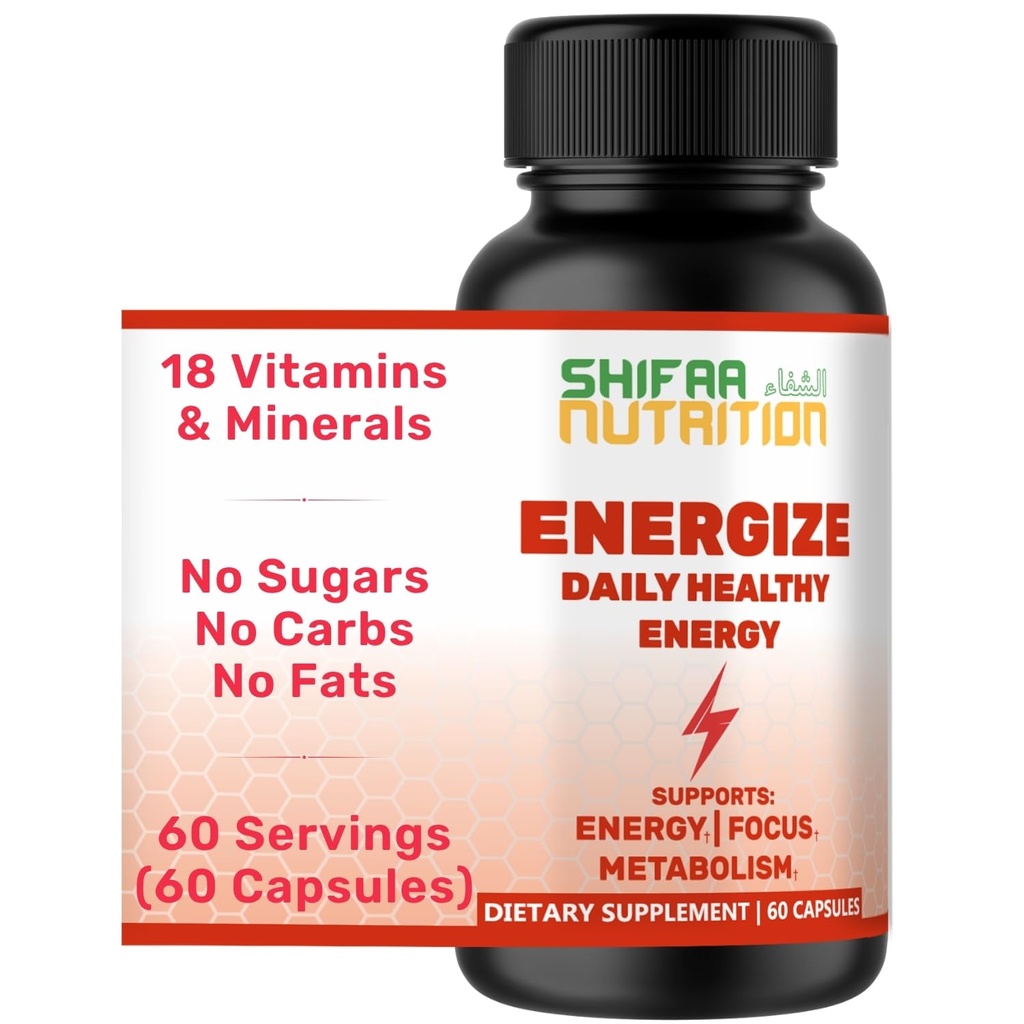 SHIFAA NUTRITION Energize, Natural Daily Energy Vitamins | Jitter-Free, 60 Servings | Supports Focus, Mood, Brain, Metabolism | w/Caffeine & Taurine, B1, B2, B5, B6, B7, B9, B12 Halal Vitamins