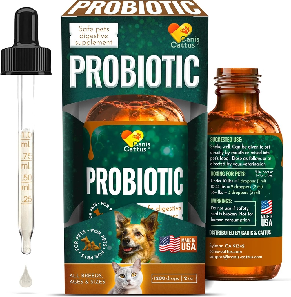 Canis&Cattus Probiotics for Cats — Жидкие кошачьи пробиотики с пищеварительными ферментами для газа, вздутия, диареи и расстроенного желудка — Easy-Mix Drops — 2 унции