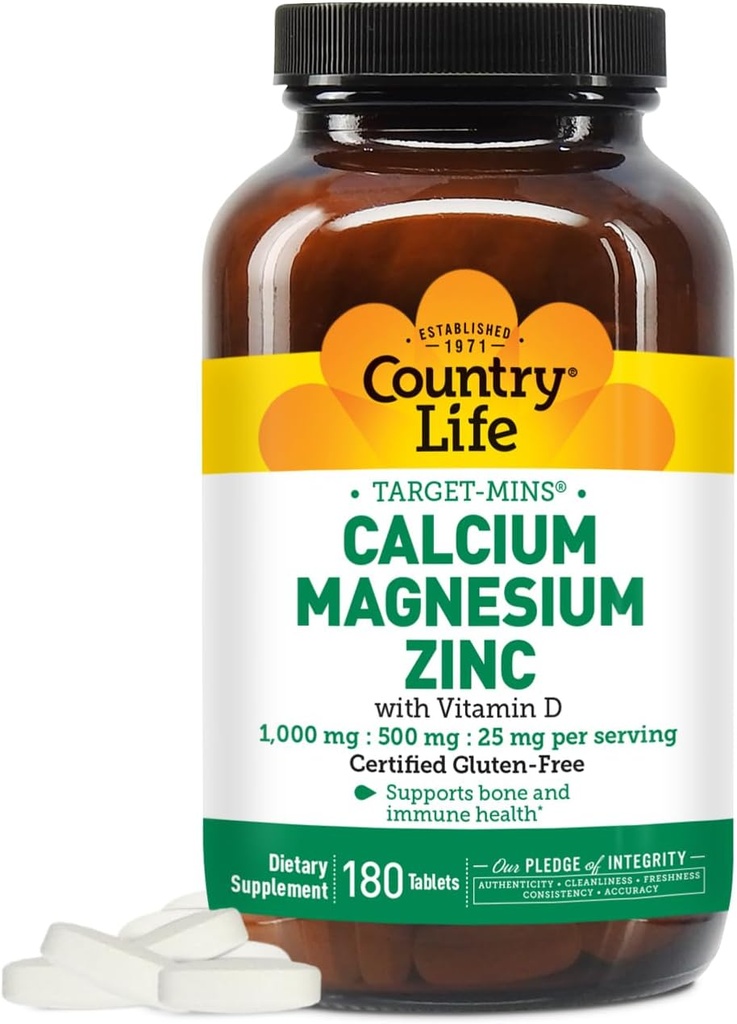 País Vida Calci Magnesium Zinc amb un àcid vitamina D3 i L-Glutamic, Dietari suplementari per a la implementació de Bone, Certified Guten Free, 1000mg/500mg/25mg, 180 taules