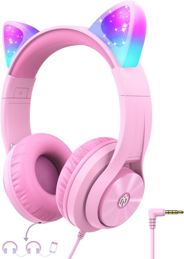 Headphone Anak Pintar dengan Cat Ear Led Light Up, Safe Volume Limite, FunShare, Folable, Over- Ear Headphone untuk Anak-anak untuk Sekolah / iPad / Tablet / Travel, Meow Donut-Pink