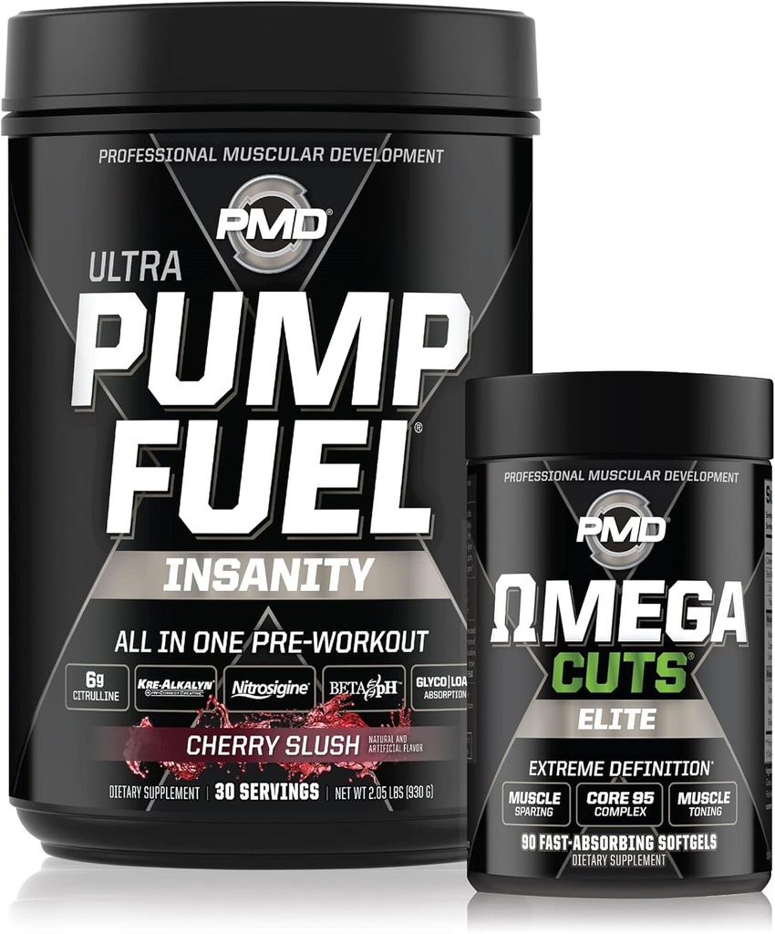 PMD Sports Ultra Pump Fuel Insanity - Pre Workout - צ'רי סליקוש (30 משרתים) ספורט אומגה חותכת את העלית שומן התרמיאוגני (90 Softgels)