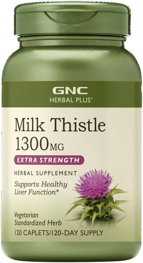 GNC Herbal Plus Melk Thistle 1300mg Supplement, Ekstra styrke, vegetarisk, støtter sunn leverfunksjon, 120 serveringer