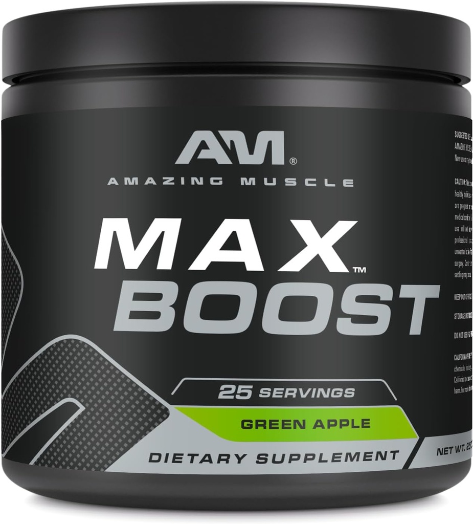 Amazing Muscle Max Boost Buddy 124; 25 Servering Buddy 124; Intensive Pre- workout Supplement for mænd og kvinder Buddy 124; Indeholder Creatinine Monohydrat, Koffein, Beta- Alanine, Betain (25 Servere, Green Apple)