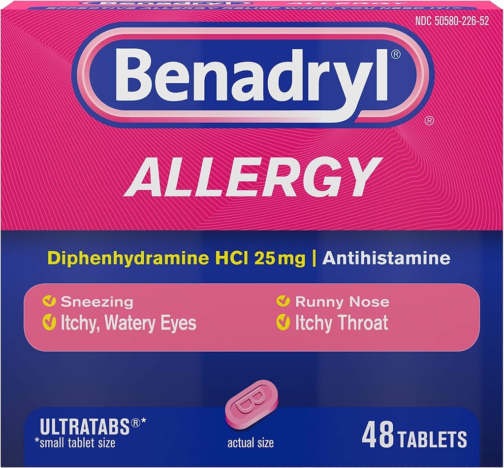 Benadryl Ultratabs Antihistamine Allergy Medicine, Diphenhydramine HCl Tablet, 48 ct