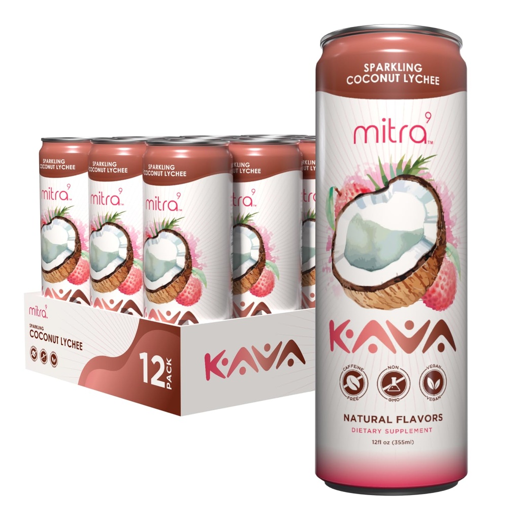 MITRA-9 Bebidas Botánicas - Coconut Lychee Sparkling Kava Bebida con Kava Extracto Root - Mood Enhancer - Planta Basada - promueve la calma natural y la claridad (12 Fl. Oz) (12)