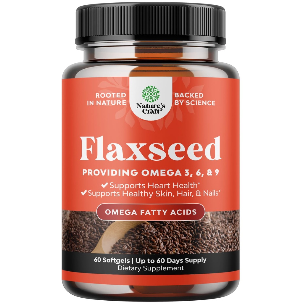 Flaxseed Oil Softgels 1000mg per Serving - Flax Seed Oil Softgels for Healthy Heart Health - Digestion and Brain Support - Cold Pressed Flaxseed Providing Plant Based Omega 3 6 9-60 Count