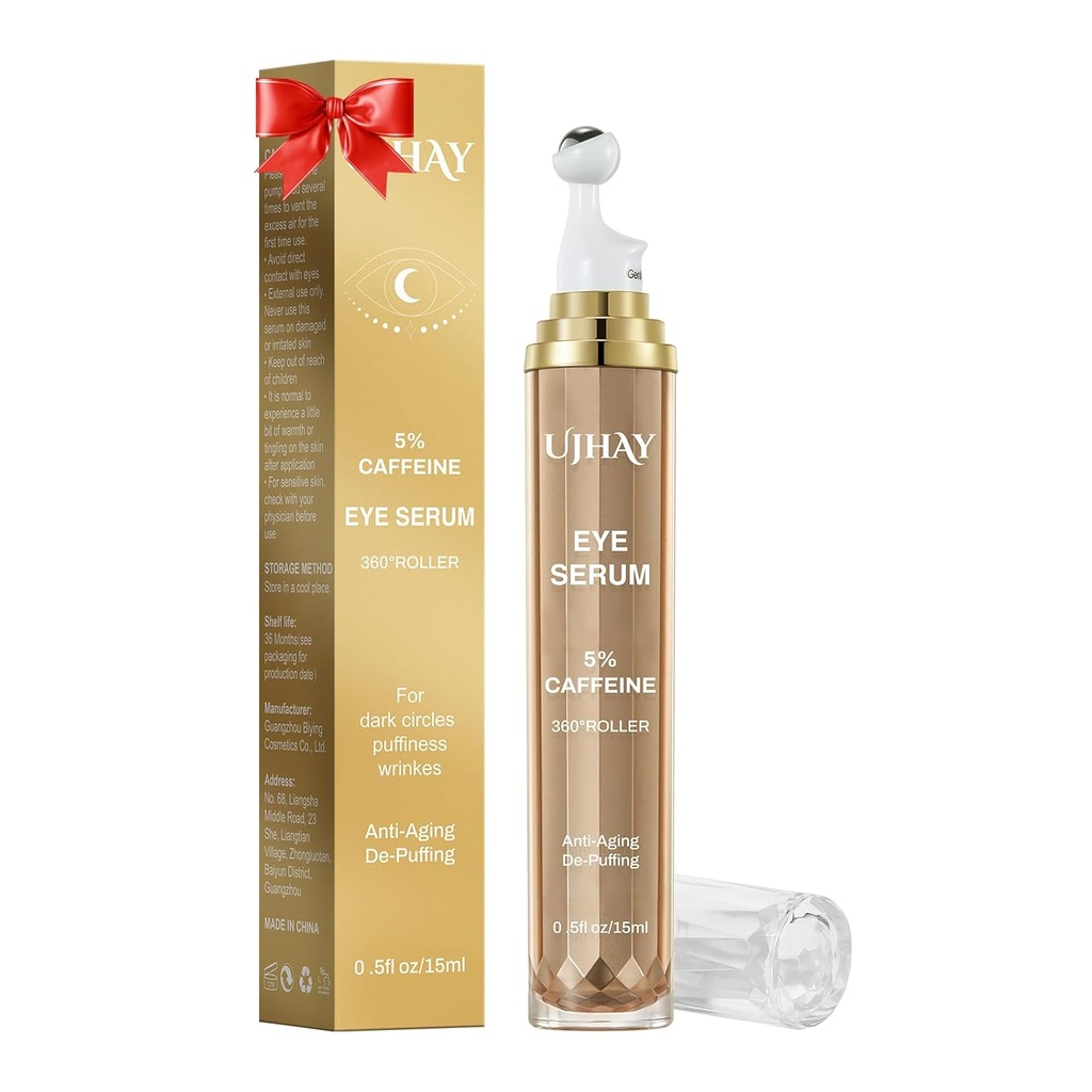 5% Koffein Augencreme, unter Augen Serum für dunkle Kreise, Puffiness & Falten Fine Lines, Eye Roller Serum mit 360° Massage Ball, Augenbehandlung Balm für Männer & Frauen